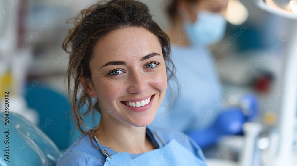 Fototapeta premium A young woman sits in a dentist's chair, while the dentist prepares to examine a patient.