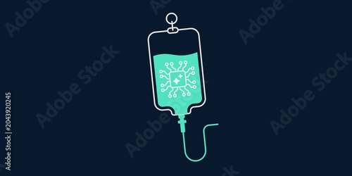 IV fluid bag with digital chip element. Automated medicine delivery and smart infusion system concept scene. Clinical technology graphic. 