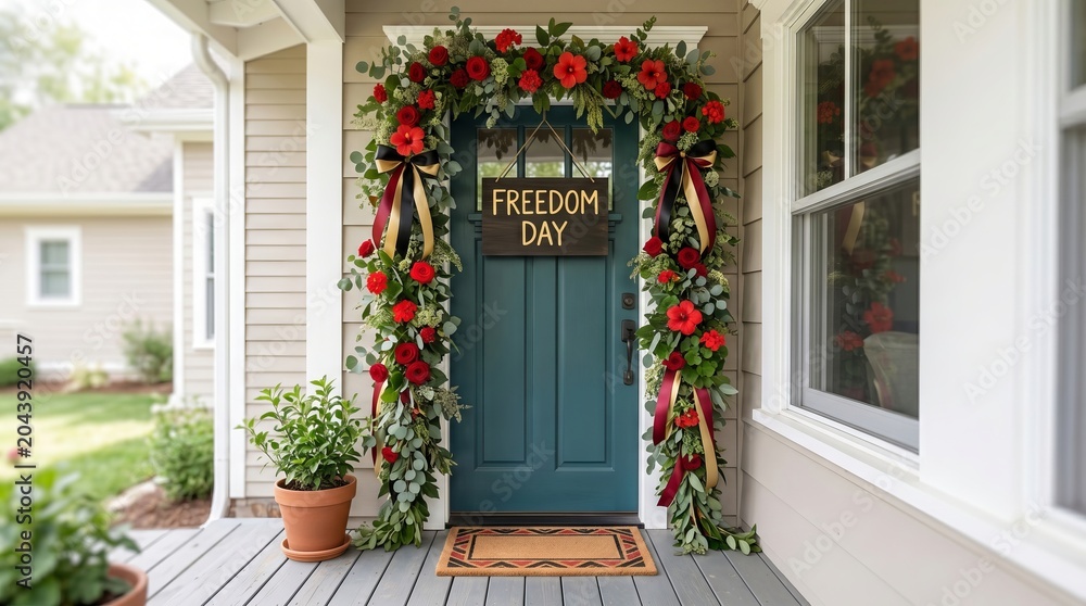 Fototapeta premium Juneteenth doorway decorated with floral garland and Freedom Day sign. Festive wreath framing a front door for celebration of emancipation. Patriotic house entrance for summer holiday