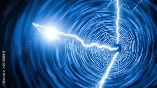 A bright electrical discharge creates ripples in a dark blue energy vortex