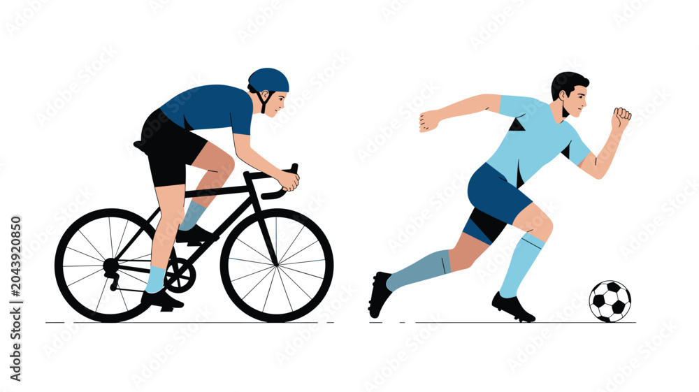 Obraz premium A cyclist wearing a blue helmet rides a black bicycle beside a soccer player dribbling a ball on a clean and bright white background area.