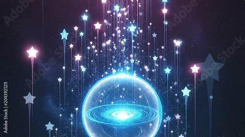 A glowing blue sphere emits bright light and floating stars into the dark space
