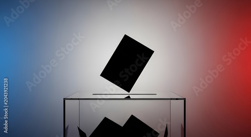 A black voting ballot paper falls into the transparent glass box during a democratic election process with soft lighting