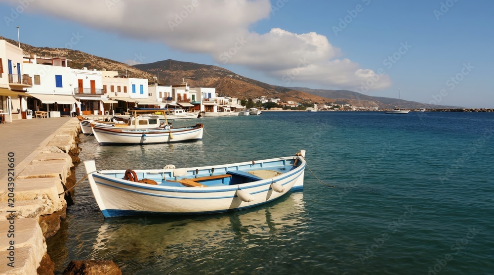 Obraz premium Small white boats with blue trim dock at seaside town waterfront. Clear blue water reflects white buildings on hilly shore under sunny sky. Peaceful harbor scene unfolds with distant sailboat.