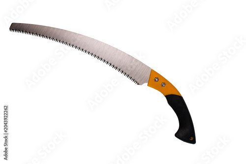 Fotografie Curved pruning saw with sharp steel blade and orange handle isolated on a transparent grid background