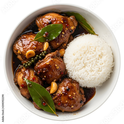 Filipino chicken adobo with white rice in a white bowl