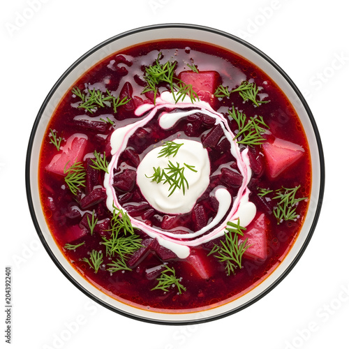 Top view of traditional red beetroot soup with sour cream and dill