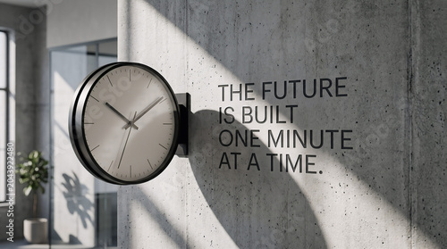 A minimalist black double-sided station clock mounted on a raw concrete wall next to a window, featuring the inspirational quote 