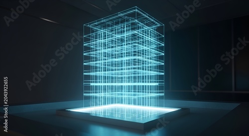A glowing blue holographic architectural wireframe building model featuring intricate grid lines displayed on a modern square pedestal light base