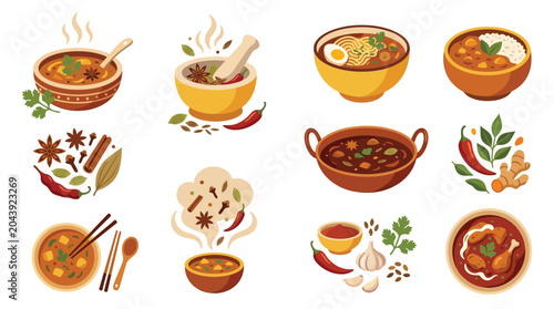 Tableau sur toile Collection of Indian food dishes and spices, presented in a vibrant and appetizing illustration style