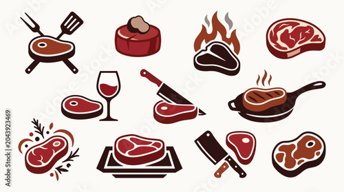 Εκτύπωση καμβά Collection of stylized illustrations of various beef cuts and steak preparations, including grilling and serving suggestions