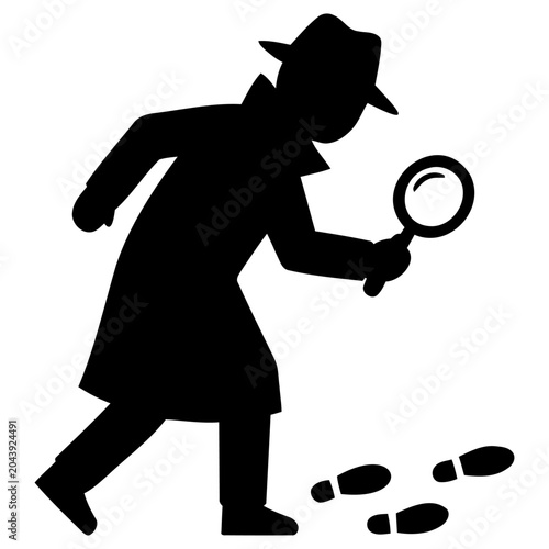 Detective wearing a trench coat and hat searching for clues on the ground using a magnifying glass in this simple black vector graphic illustration