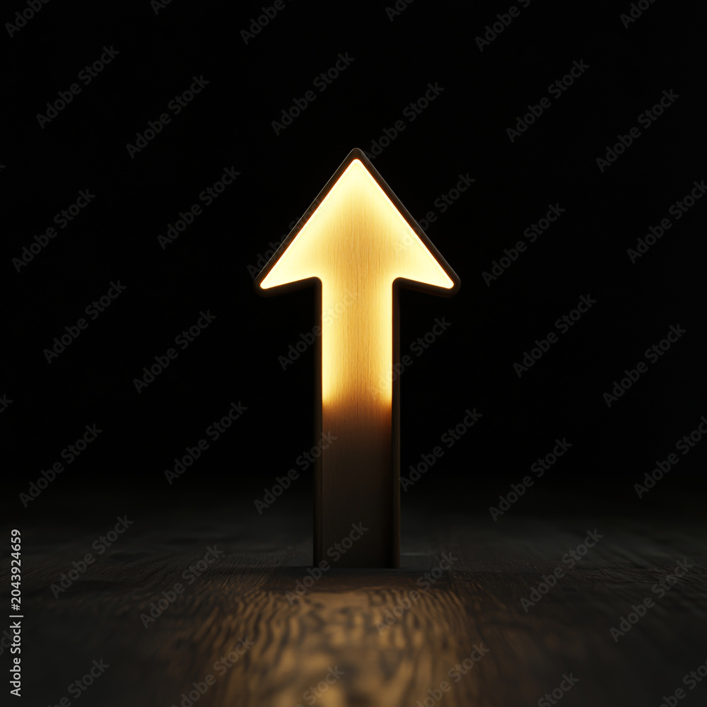 Fototapeta premium Illuminated glowing arrow sign pointing upwards on dark background with direction progress positive business guidance motivation aspiration