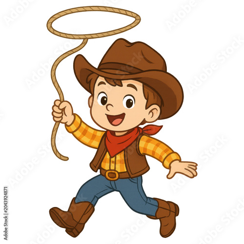 Cartoon Cowboy with Lasso: A cheerful cartoon cowboy, dressed in traditional western attire, happily runs with a lasso, ready for adventure in the wild west.