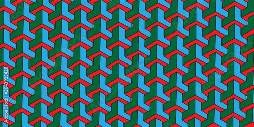 Foto Seamless geometric pattern with 3D isometric interlocking blocks in blue, green, and red colors, vector abstract background