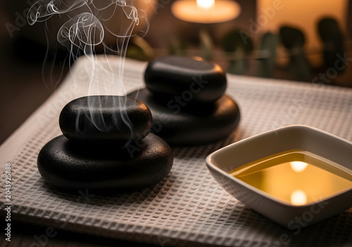 Black basalt massage stones stacked with rising wisps of white steam on a white textured towel mat.