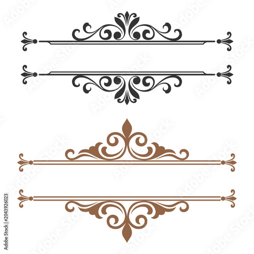 Elegant vintage ornamental dividers and text frames collection, baroque filigree scrollwork elements for wedding invitation and certificate design.