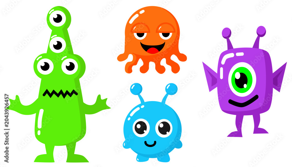 Naklejka premium Set of funny cute alien characters with vibrant colors and friendly expressions on white background.