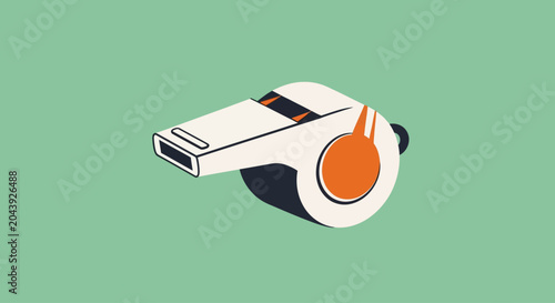 Fényképezés Flat vector illustration of a white whistle with orange mouthpiece on green back