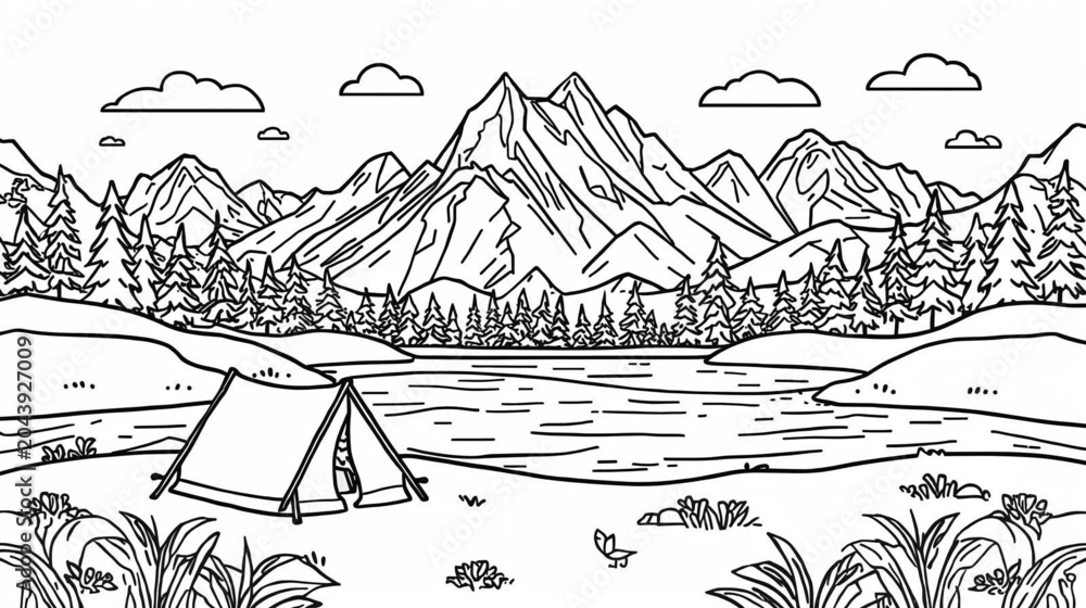 Fototapeta premium black and white line art camping in the mountains and lake for coloring