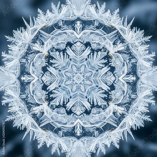 Intricate Symmetrical Ice Crystal Pattern Forming Frozen Mandala on Blue Winter Background