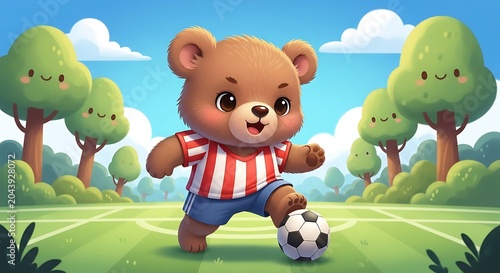 Cute Cartoon Bear Playing Soccer on Sunny Park Field
