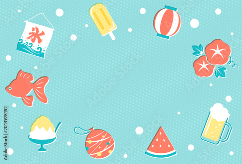 summer icon frame with a set of retro Japanese summer vector illustration