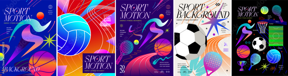 Naklejka premium Sports poster and background. Vector abstract gradient neon illustration of athlete silhouette, volleyball, football, and basketball balls, tennis racket, padel, lines and shapes for fitness, competit