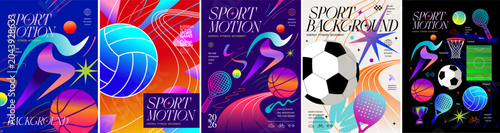Sports poster and background. Vector abstract gradient neon illustration of athlete silhouette, volleyball, football, and basketball balls, tennis racket, padel, lines and shapes for fitness, competit