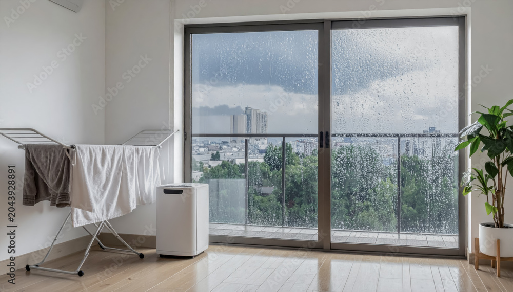 Fototapeta premium Indoor Clothes Drying With Dehumidifier In Rainy Apartment