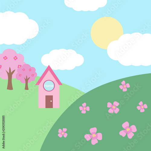 Cute Pink Cottage in Spring Meadow with Blossoming Trees and Flowers