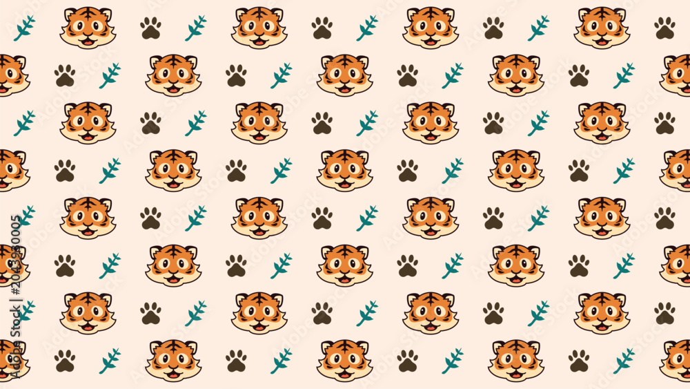 Obraz premium Cartoon tigers and paw prints repeat on soft beige background. Tigers smile cheerfully, surrounded by green leaves. Pattern feels playful and child-friendly