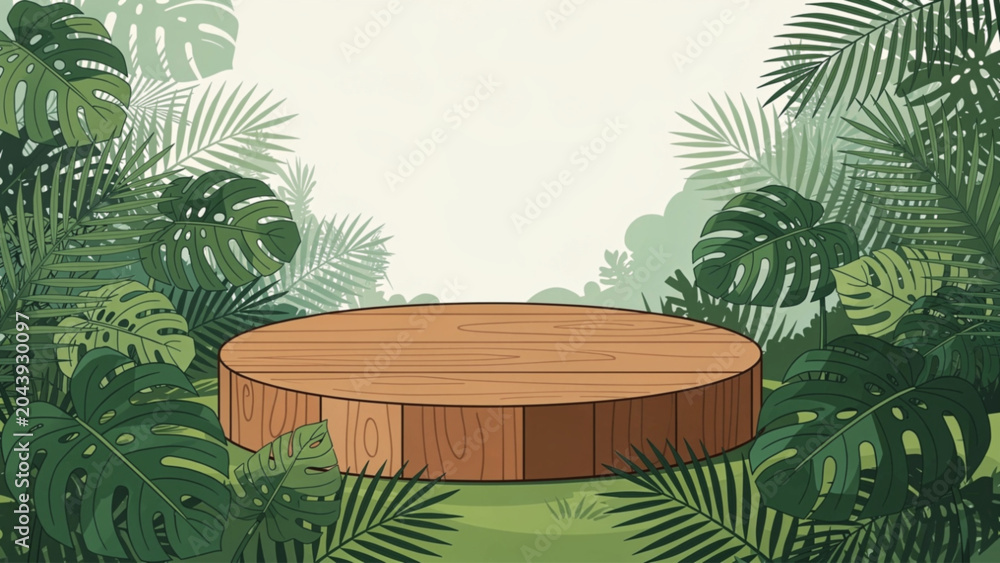 Obraz premium Wooden Stage Platform Surrounded by Tropical Greenery for Events.