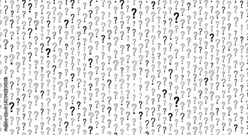 a seamless repeating pattern of varied black question mark symbols, different weights and sizes, scattered uniformly across a stark white background. concept of overwhelming uncertainty and inquiry