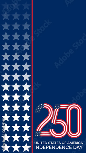 USA 250th Independence Day vertical banner with semi-transparent stars border and ribbon number typography on dark blue background.