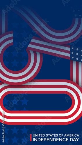 USA Independence Day vertical banner with abstract American flag ribbons and stars on a dark blue background.