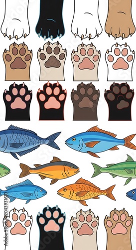 Colorful Cartoon Cat Paws and Fish Arranged on White Background