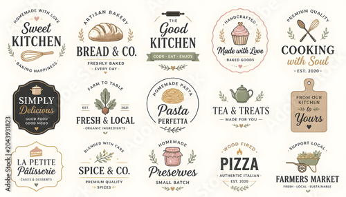collection of vintage kitchen logos and badges with food and drink themes for bakery restaurant cafe and culinary businesses.