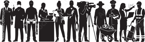 A black and white silhouette graphic showing a diverse group of professionals from various career fields.