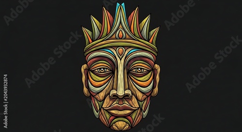 Colorful Abstract Tribal Face Mask Centered on Dark Background