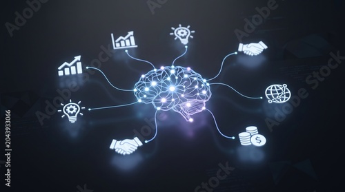 Visual of a brain connecting various ideas and concepts in a digital setting for business and innovation at night