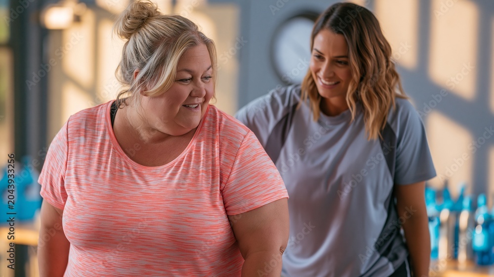 Fototapeta premium Plussize student receives attentive stance correction from woman coach in community fitness room soft natural light casting gentle shadows on water bottles and clock behind them