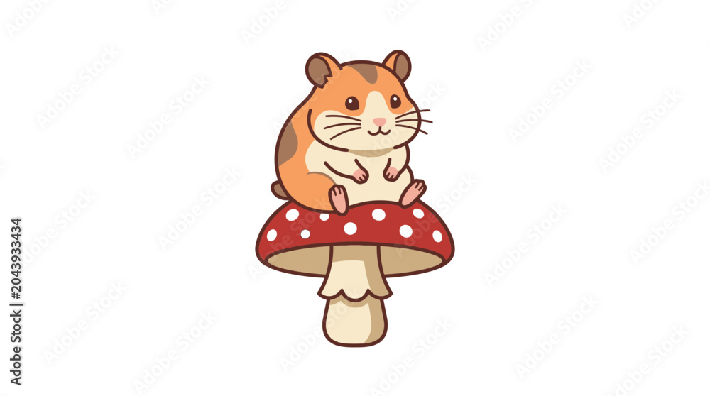 Fototapeta premium Cute Hamster Sitting on a Red Mushroom, Cartoon Style, Isolated