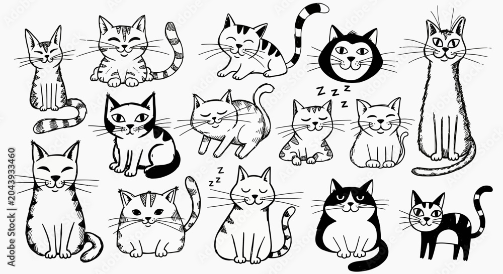Fototapeta premium Cute Hand Drawn Cat Doodles - Black and White Cartoon Animals