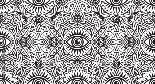 Φωτογραφία Seamless pattern with mystical eyes and intricate tribal ornaments in black and