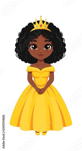 Cute Young Princess Standing in Yellow Gown and Golden Crown on White Background