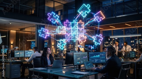Office workers collaborate on data analysis in a modern workspace with digital puzzle elements at night