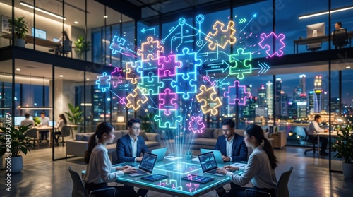 Team meeting takes place in modern office with digital puzzle graphics at night in city