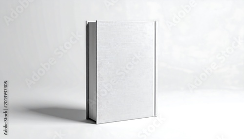 A closed white book stands upright on a plain surface with a subtle shadow cast on a white background indoors.
