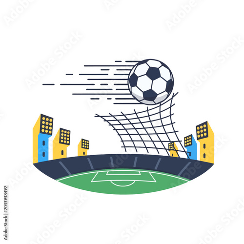 Картината върху платно A soccer ball flies into the goal net at a brightly lit stadium
